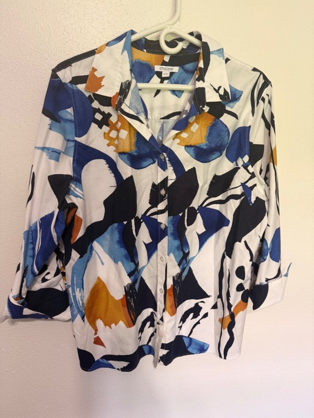Chico's Button Front Shirt White Blue Brown Abstract Print Womans 3/XL